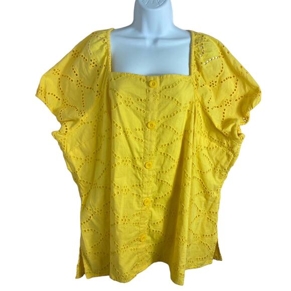Lane Bryant Blouse Sz 24 (3X) Yellow Eyelet Classic Top Short Sleeve Cotton - Picture 2 of 8